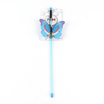 A colourful cat toy in the shape of a butterfly on a stick, designed to engage and entertain your feline friend.