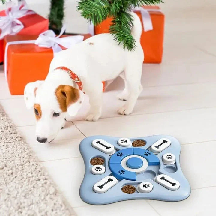 Interactive dog puzzle toy with treat dispenser and squeaky features for mental stimulation and enrichment