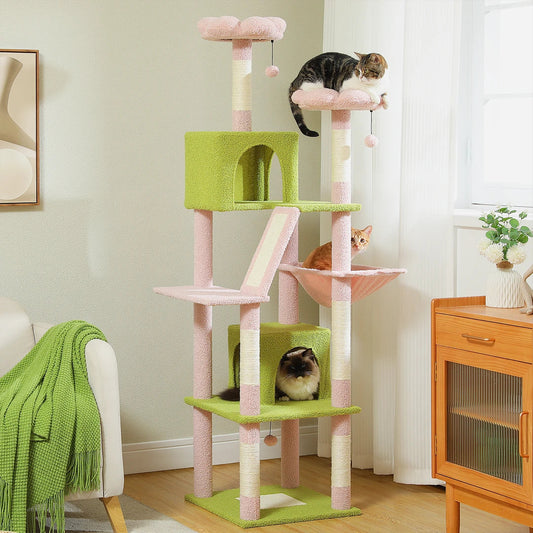 Impressive 180cm tall multi-level cat tree tower with multiple platforms, scratching posts, and cosy napping spots for cats