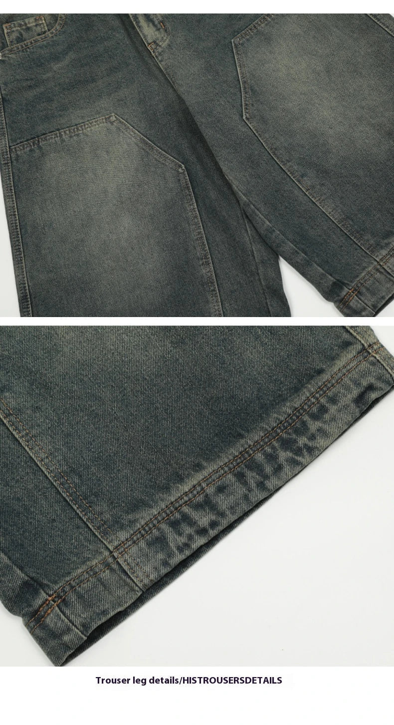 Relaxed-fit men's denim shorts in a vintage blue wash, featuring a wide-leg silhouette and adjustable waistband for maximum comfort.