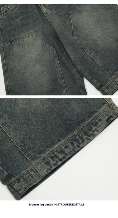 Relaxed-fit men's denim shorts in a vintage blue wash, featuring a wide-leg silhouette and adjustable waistband for maximum comfort.