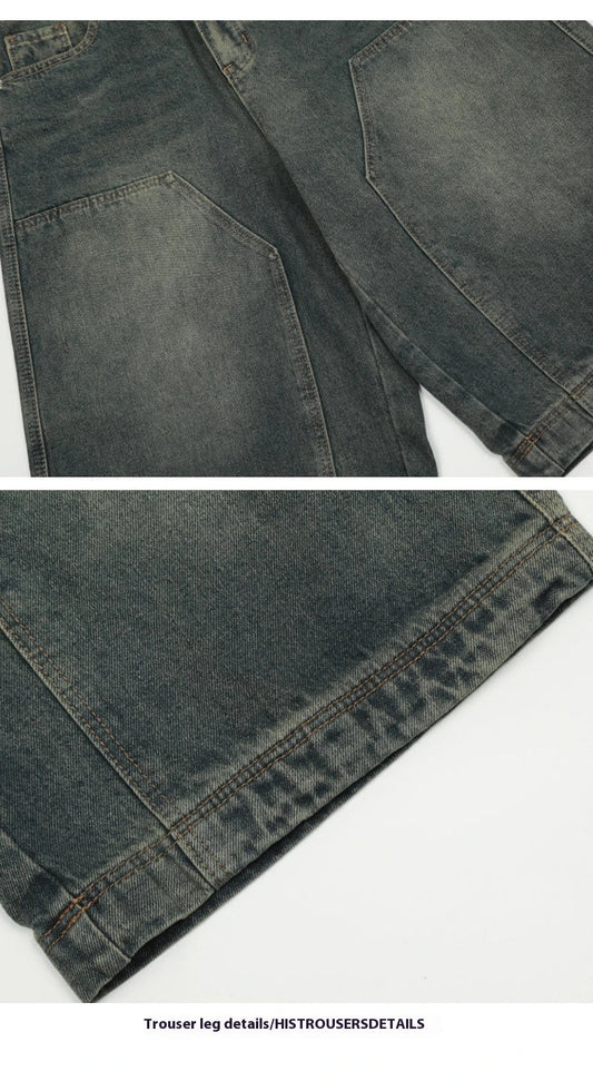Relaxed-fit men's denim shorts in a vintage blue wash, featuring a wide-leg silhouette and adjustable waistband for maximum comfort.
