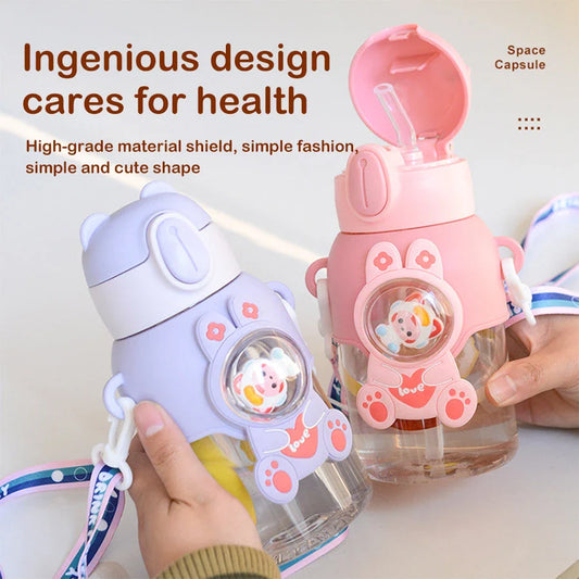 Colourful, durable Kids Cartoon Water Bottle with straw and carrying strap, designed for children's hydration needs
