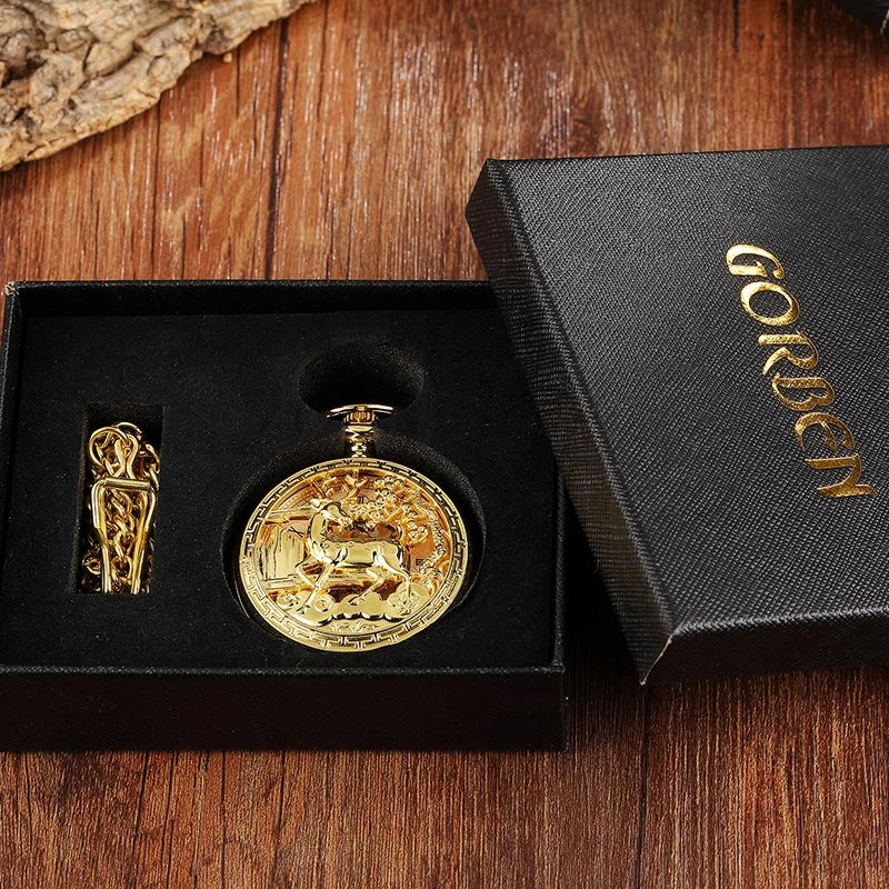 Exquisite gold-toned vintage-style pocket watch necklace with a mechanical movement and sturdy chain