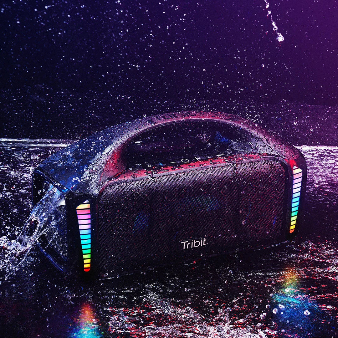 Premium 90W outdoor Bluetooth speaker with powerful sound, 30-hour playtime, and mesmerizing LED lights