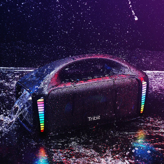 Premium 90W outdoor Bluetooth speaker with powerful sound, 30-hour playtime, and mesmerizing LED lights