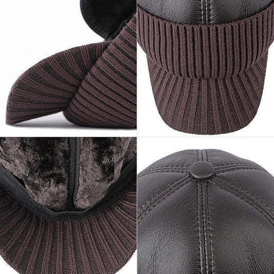 Men's Winter Baseball Cap with Leather Earflaps in Brown Colour