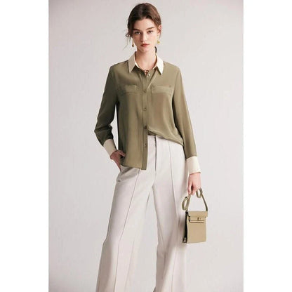 Sophisticated 100% Mulberry silk crepe de chine dress shirt for stylish women in the UK, offering elegance, comfort and versatility.
