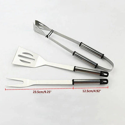 Premium Stainless Steel BBQ Tool Set with Fork, Tongs, and Shovel - Durable, Heat Resistant, and Easy to Clean
