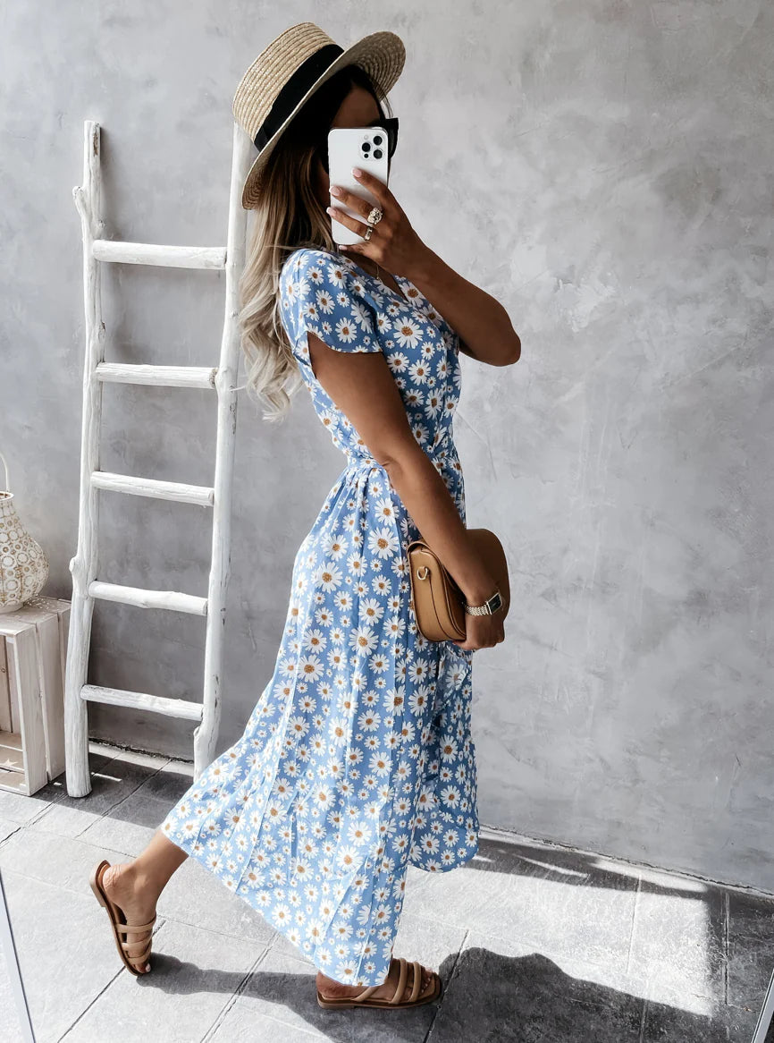 Chic V-Neck Elastic Waist Dress in Pink for a Flattering, Slimming Silhouette