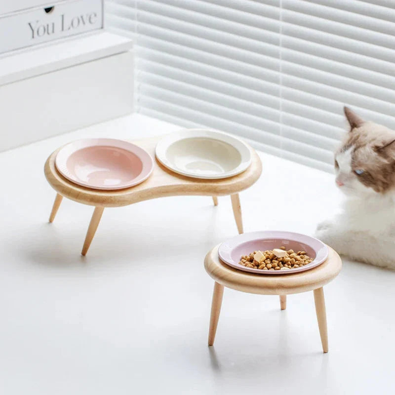 Elevated cat and small dog ceramic feeding set with adjustable wooden stand