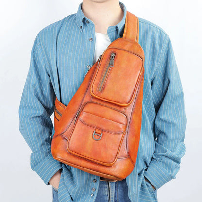 Premium cowhide messenger bag with brushed skeleton-skin design, large capacity, and adjustable shoulder strap
