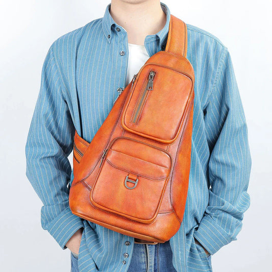 Premium cowhide messenger bag with brushed skeleton-skin design, large capacity, and adjustable shoulder strap