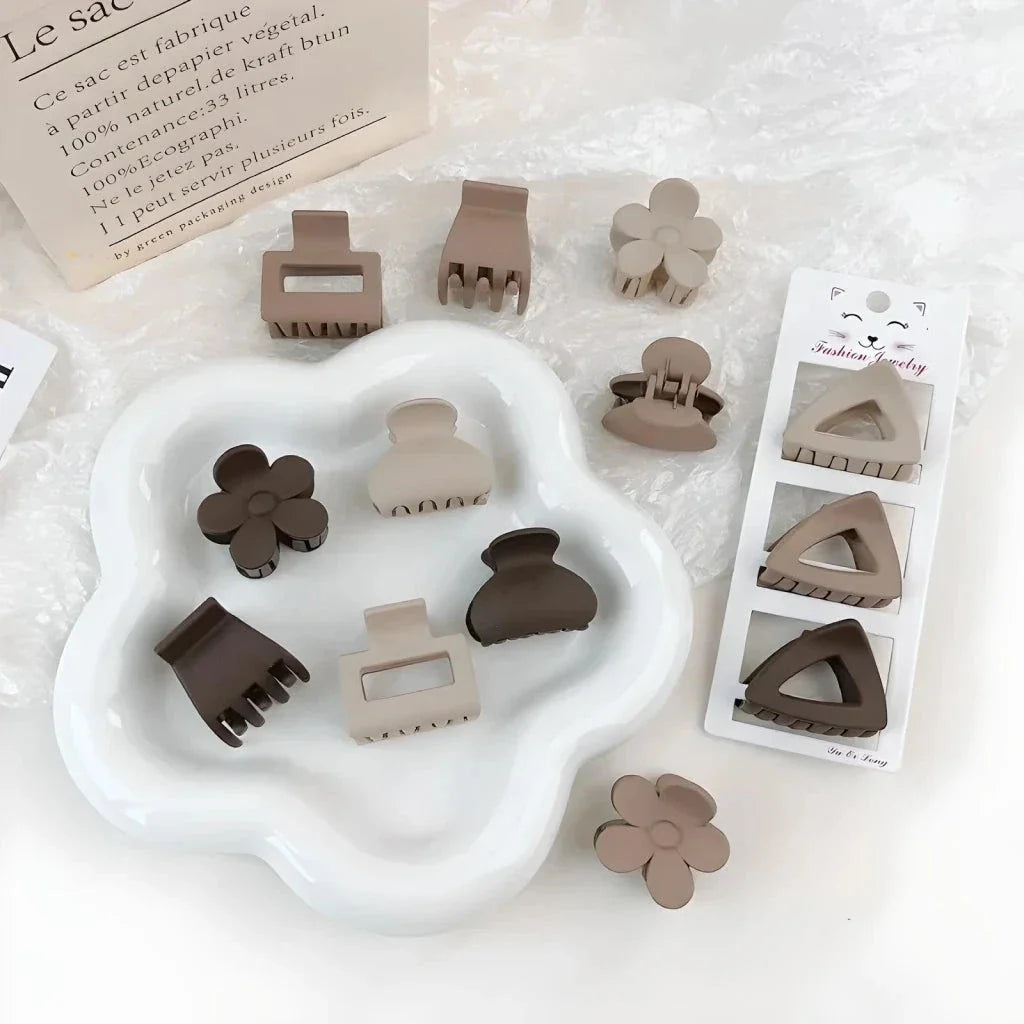 Coffee-coloured geometric hairpin set with frosted finish, various shapes for versatile styling