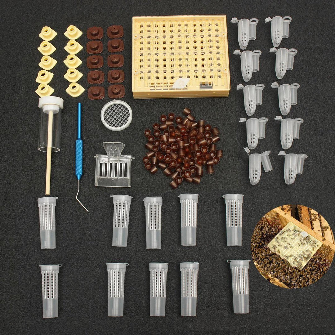 A comprehensive 155-piece queen rearing kit with transparent, brown, and beige components for cultivating and catching top-quality queen bees