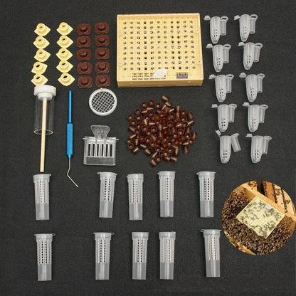 A comprehensive 155-piece queen rearing kit with transparent, brown, and beige components for cultivating and catching top-quality queen bees