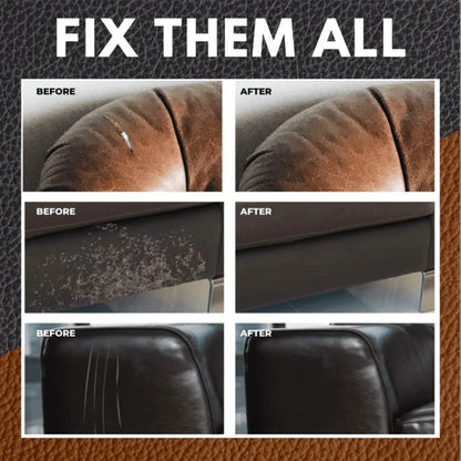 Premium leather restoration cream kit with sandpaper and spatula for reviving worn, damaged leather surfaces.