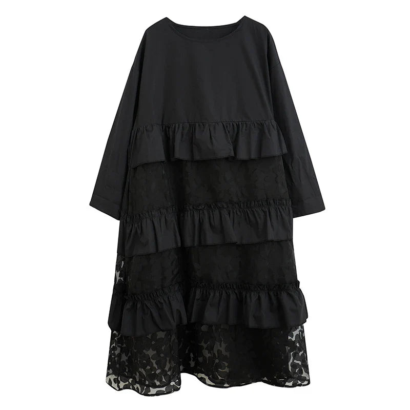 Stylish plus size dress in sophisticated black mesh fabric with wide waistline and long sleeves