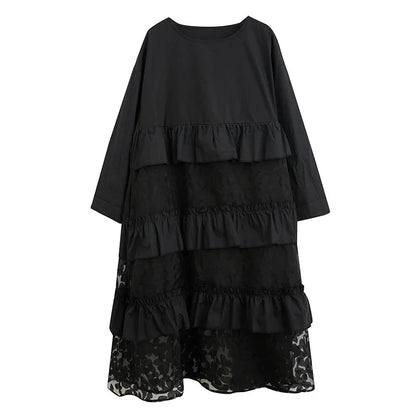Stylish plus size dress in sophisticated black mesh fabric with wide waistline and long sleeves