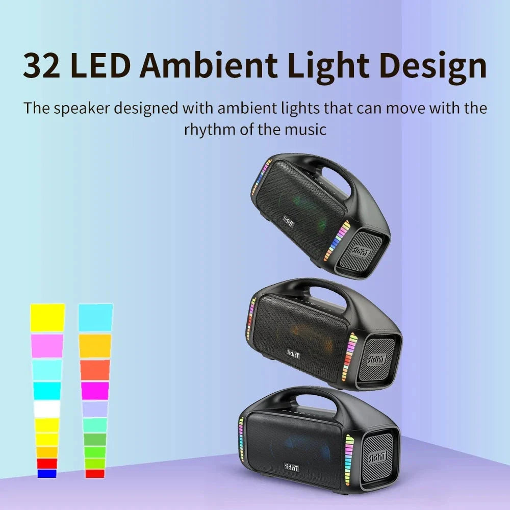 Premium 90W outdoor Bluetooth speaker with powerful sound, 30-hour playtime, and mesmerizing LED lights