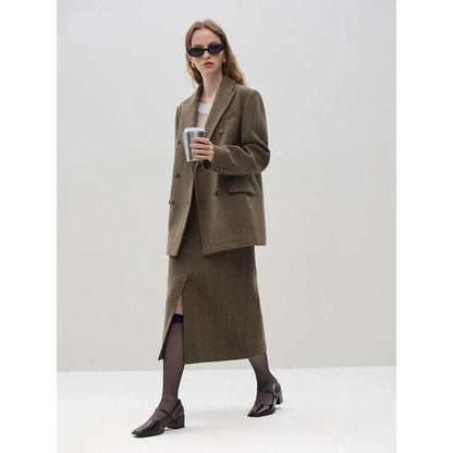 Sophisticated wool blazer and skirt set for professional women, featuring a chic double-breasted jacket and an elegant long skirt with a stylish front split