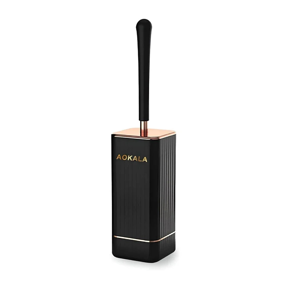 Premium silicone toilet brush and holder set in black and white with rose gold accents, designed for effortless bathroom cleaning and elegant decor