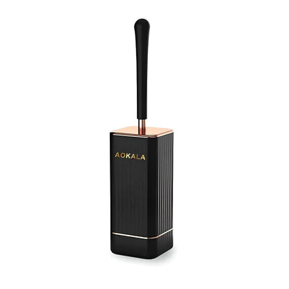 Premium silicone toilet brush and holder set in black and white with rose gold accents, designed for effortless bathroom cleaning and elegant decor
