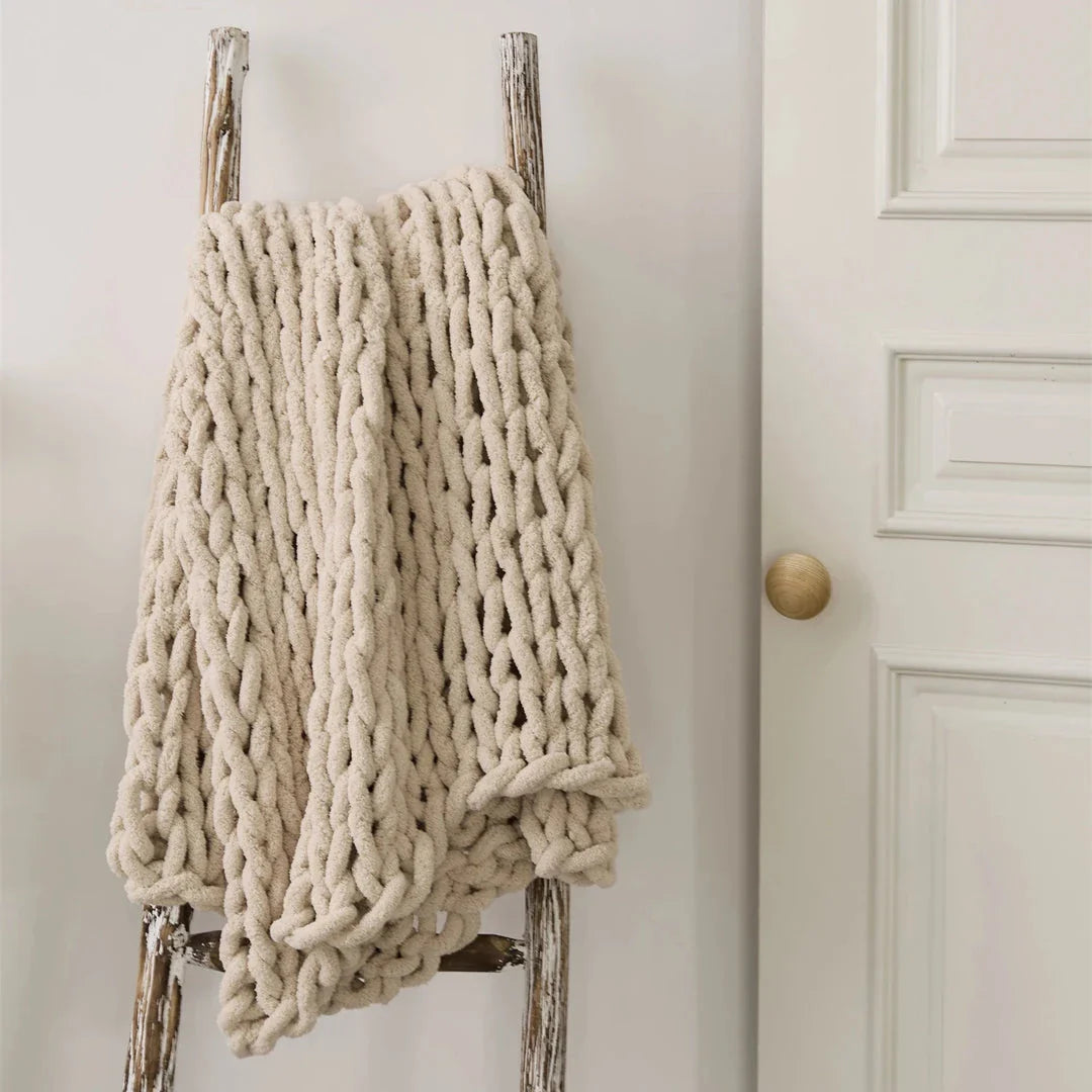 Elegant Chenille Chunky Knit Throw Blanket in White, available in adult and child sizes, offering cosy comfort and timeless style for your home