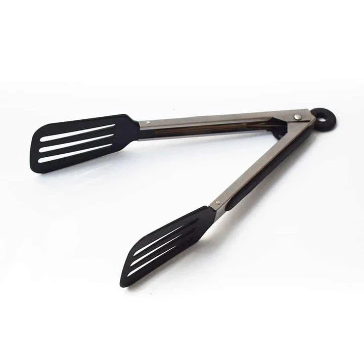 Premium black stainless steel BBQ tongs with a comfortable grip and 27 cm / 10.63 inch length for effortless grilling and food handling