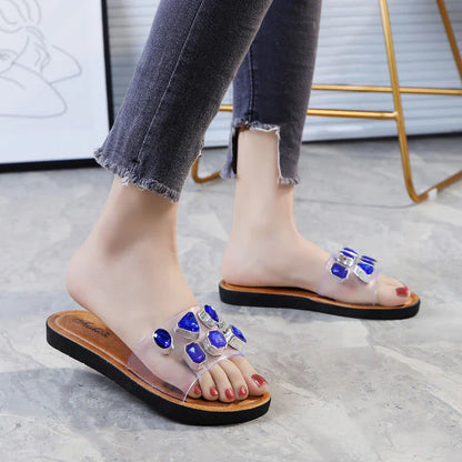 Stylish anti-slip sandals with gemstone and diamond embellishments, available in ruby red, green, and blue colours