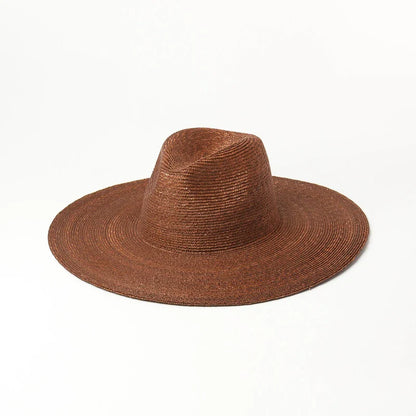 Premium outdoor sun protection straw hat in black, brown, and pinkish colours with a large brim and tie-dye pattern