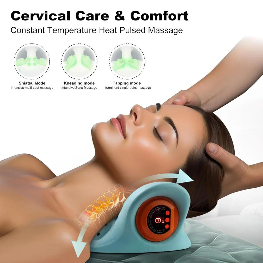 Premium neck stretcher pillow with EMS massage, heat therapy, and cervical traction for relieving neck pain and tension
