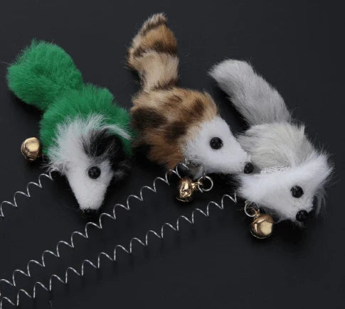 Colourful mouse-shaped cat toys made of plush and plastic materials, designed to engage your feline friend's natural hunting instincts and encourage interactive play.