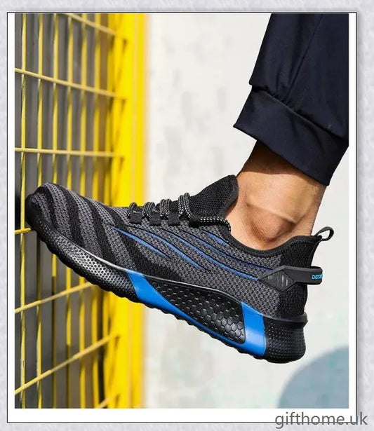 Pair of anti-smashing and anti-piercing sneakers with a flying woven upper and lightweight EVA sole, offering superior protection and comfort.