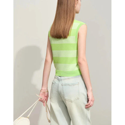 Chic Summer Knit Sleeveless Sweater in a neutral striped pattern, offering a comfortable and stylish option for warm weather wear.