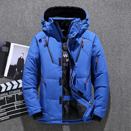 Men's premium white duck down insulated winter jacket with multiple pockets, adjustable hood and cuffs, designed for warmth and style.