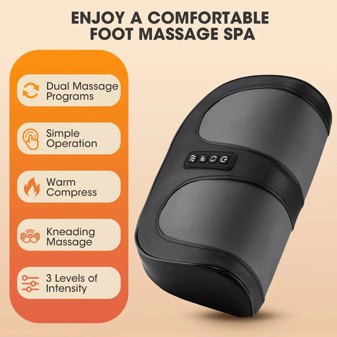 A luxurious electric foot and calf massager with Shiatsu kneading and a soothing 42°C hot compress, providing professional-grade relaxation and muscle recovery at home.