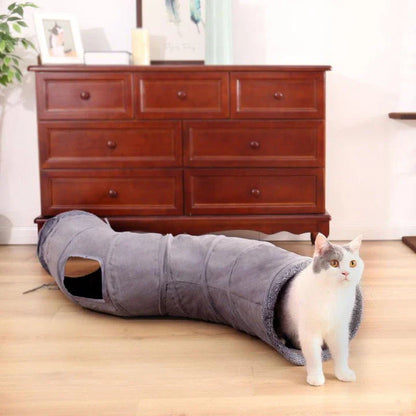 Grey foldable cat play tunnel with crinkle sounds, peek-a-boo holes, and a hanging ball toy for interactive playtime