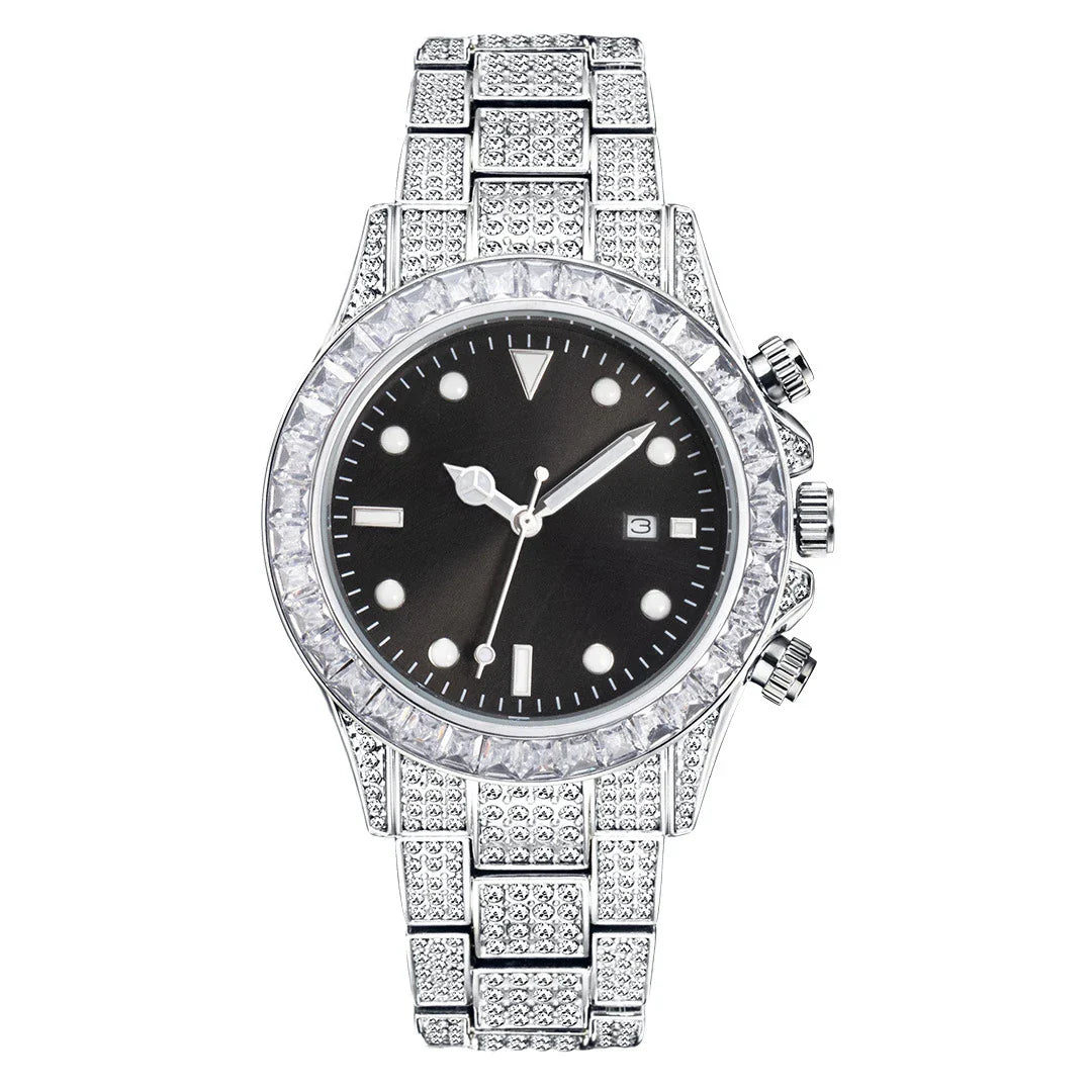 Premium diamond-encrusted green quartz watch with luminous display and sun pattern design