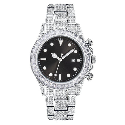 Premium diamond-encrusted green quartz watch with luminous display and sun pattern design