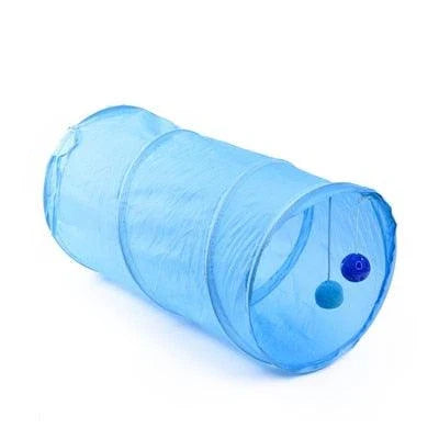 Colourful tunnel toy for cats with two bouncing balls, made from premium nylon and polyester materials