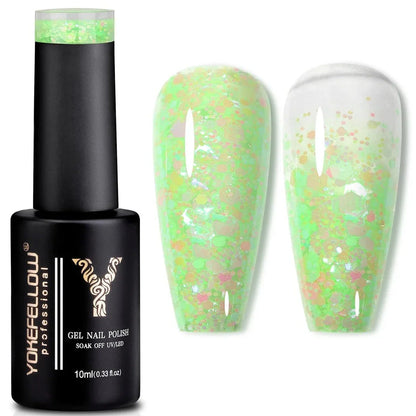 Sparkling pink gel nail polish with glitter sequins for a dazzling manicure