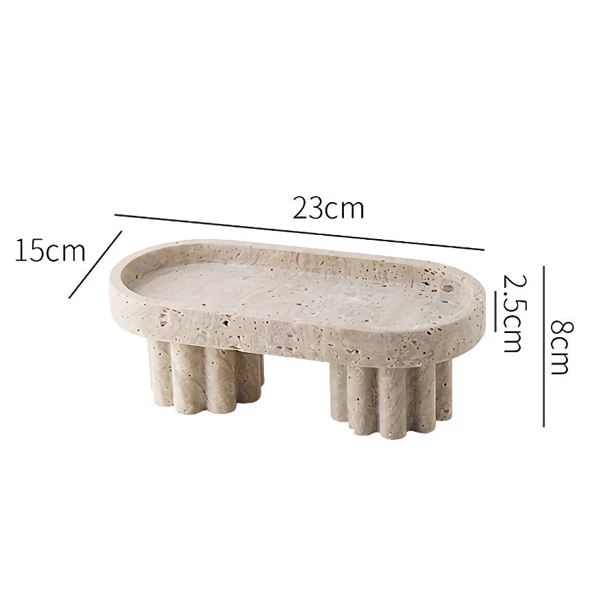 Elegant natural travertine marble serving tray with wooden legs, showcasing unique patterns and a smooth, hand-polished surface for serving, organising, and displaying.