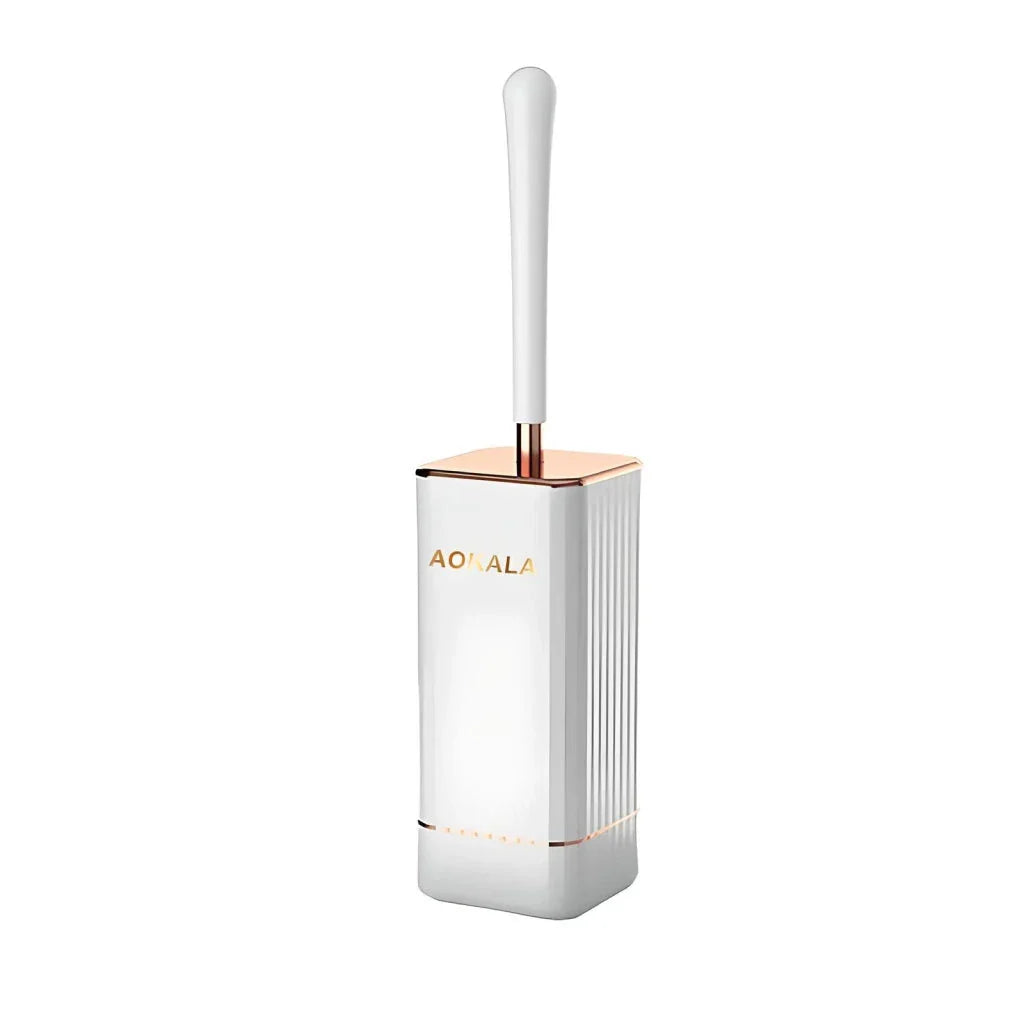 Premium silicone toilet brush and holder set in black and white with rose gold accents, designed for effortless bathroom cleaning and elegant decor