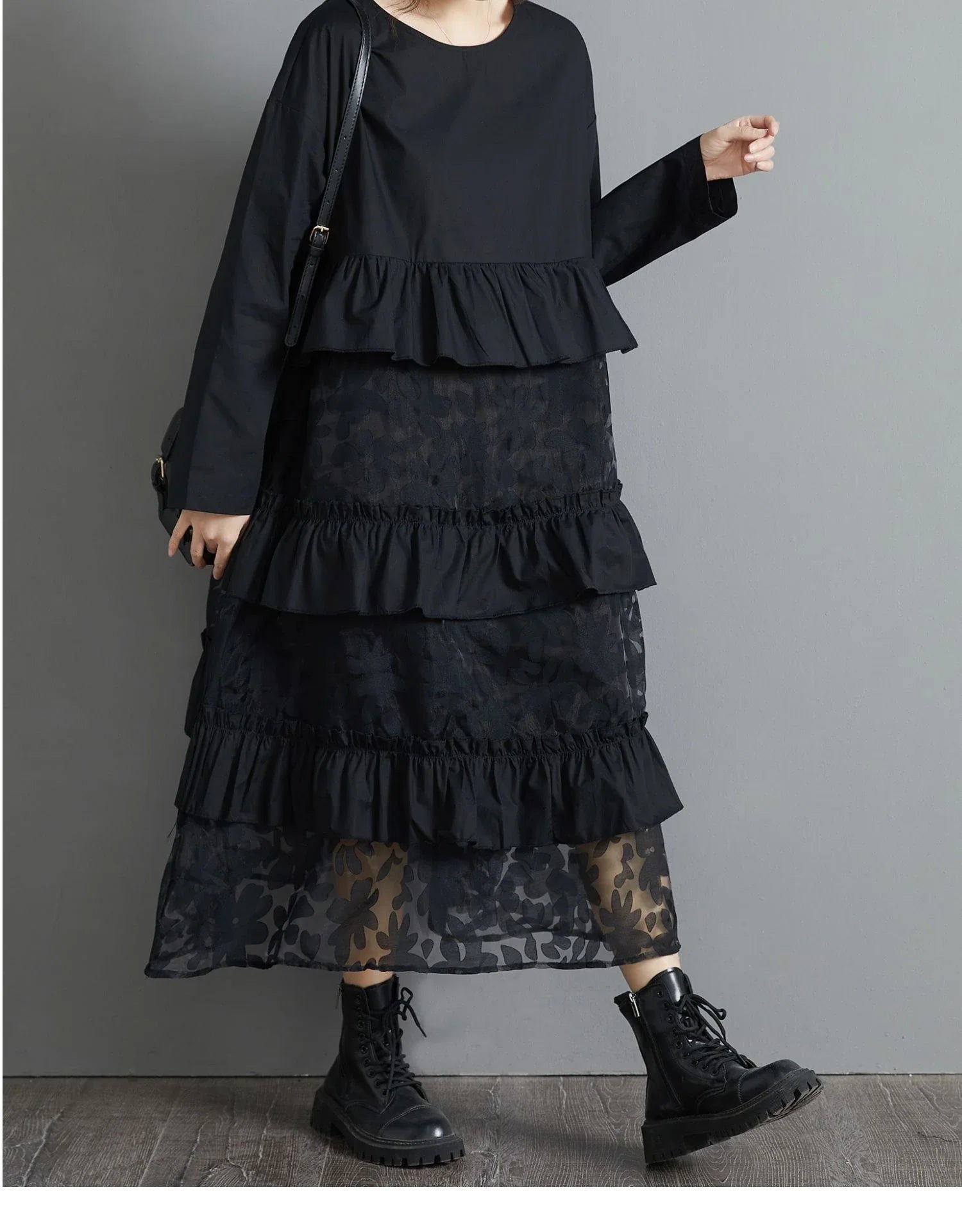 Plus size black lace dress with long sleeves and a loose, relaxed fit for a timeless and sophisticated look