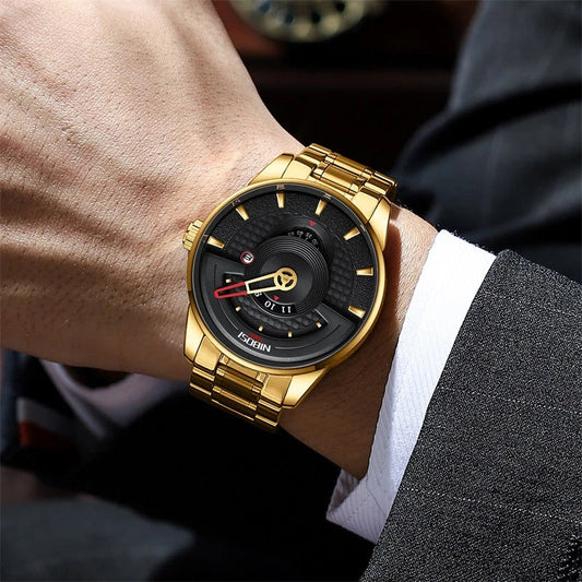 Premium gold-black quartz waterproof watch with alloy case and solid steel strap