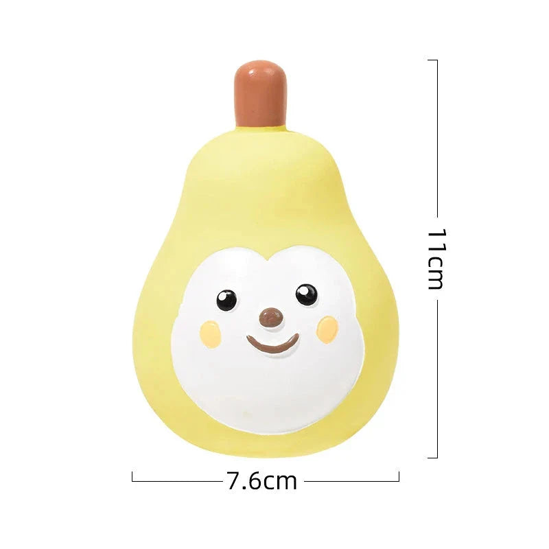 Colourful fruit-shaped squeaky dog toy made of durable, chew-resistant latex material