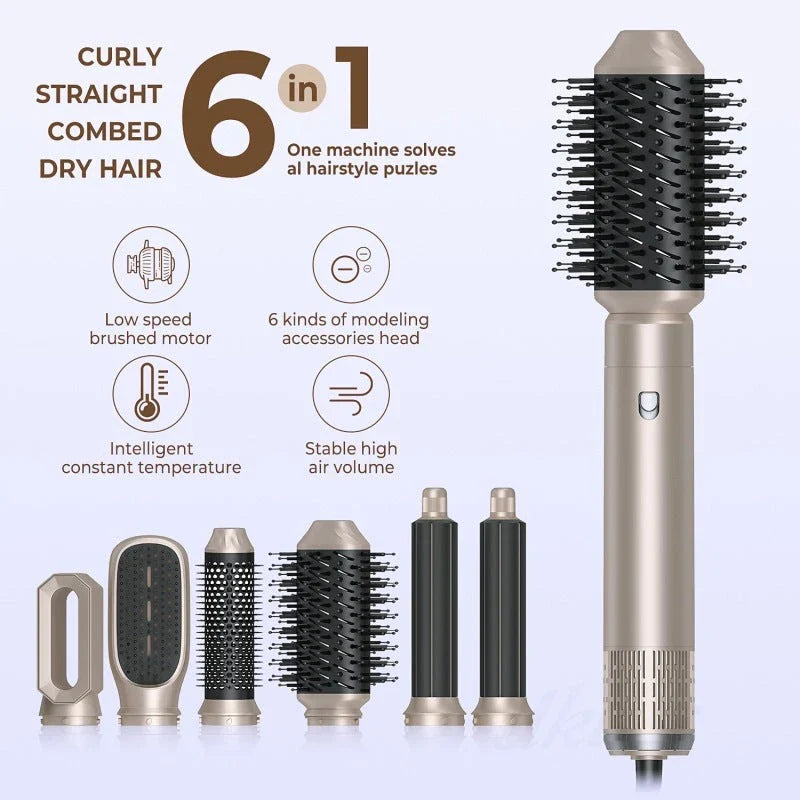 A 6-in-1 multifunctional hot air comb with multiple heat settings, rotating barrel, and interchangeable brush heads for versatile styling