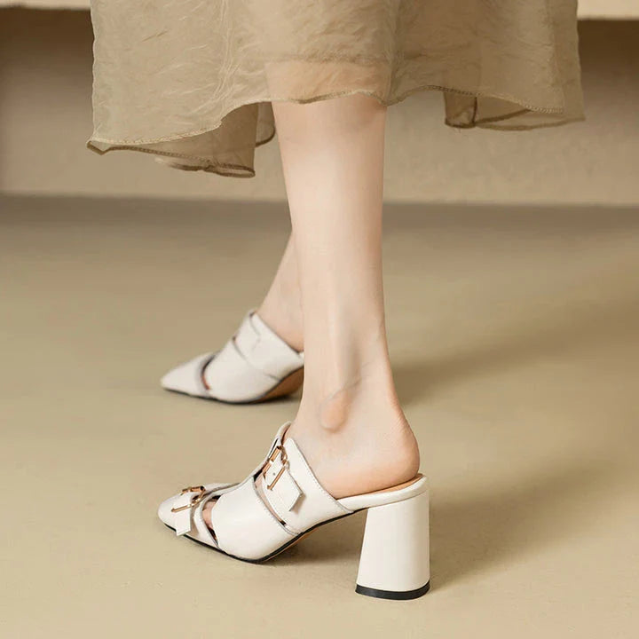 Exquisite embroidered leather high heel slippers in khaki colour, showcasing intricate detailing and a stable square heel design for stylish summer wear