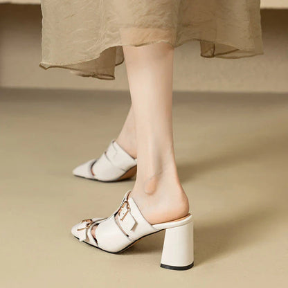Exquisite embroidered leather high heel slippers in khaki colour, showcasing intricate detailing and a stable square heel design for stylish summer wear